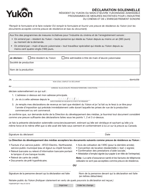 Forme YG6550 Declaration Solennelle - Programmes De Mesures Incitatives Pour L'industrie Du Cinema Et De L'enregistrement Sonore - Yukon, Canada (French)