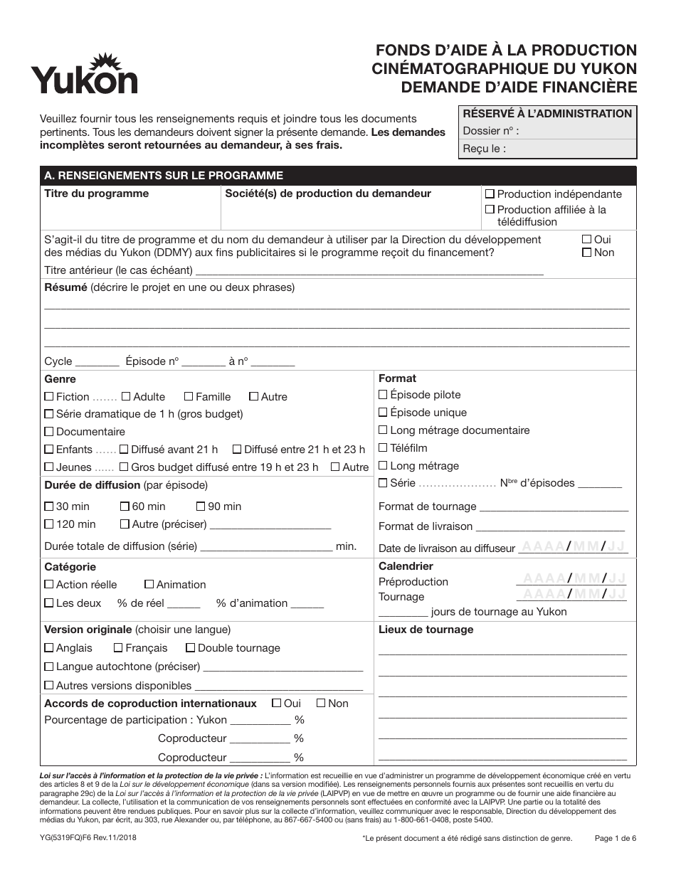 Forme YG5319 Yukon Film Production Fund Application - Yukon, Canada (French), Page 1