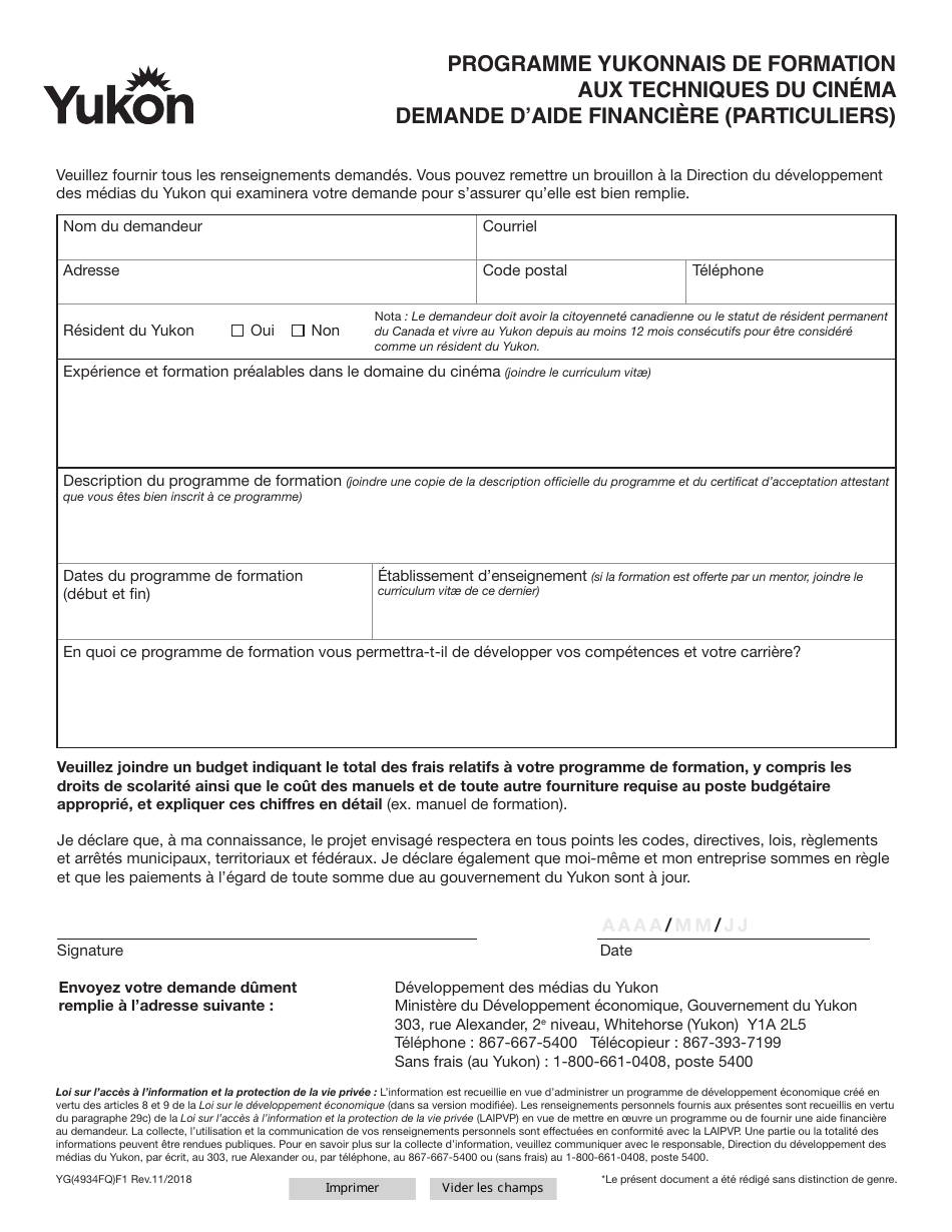 Forme YG4934 Yukon Film Training Initiative Application Educational Assistance for Individuals - Yukon, Canada (French), Page 1