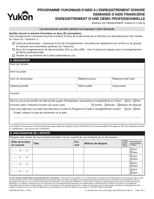 Forme YG5539 Programme Yukonnais D'aide a L'enregistrement Sonore Demande D'aide Financiere Enregistrement D'une Demo Professionnelle (Niveau De Financement Jusqu'a 2 000 $) - Yukon, Canada (French)