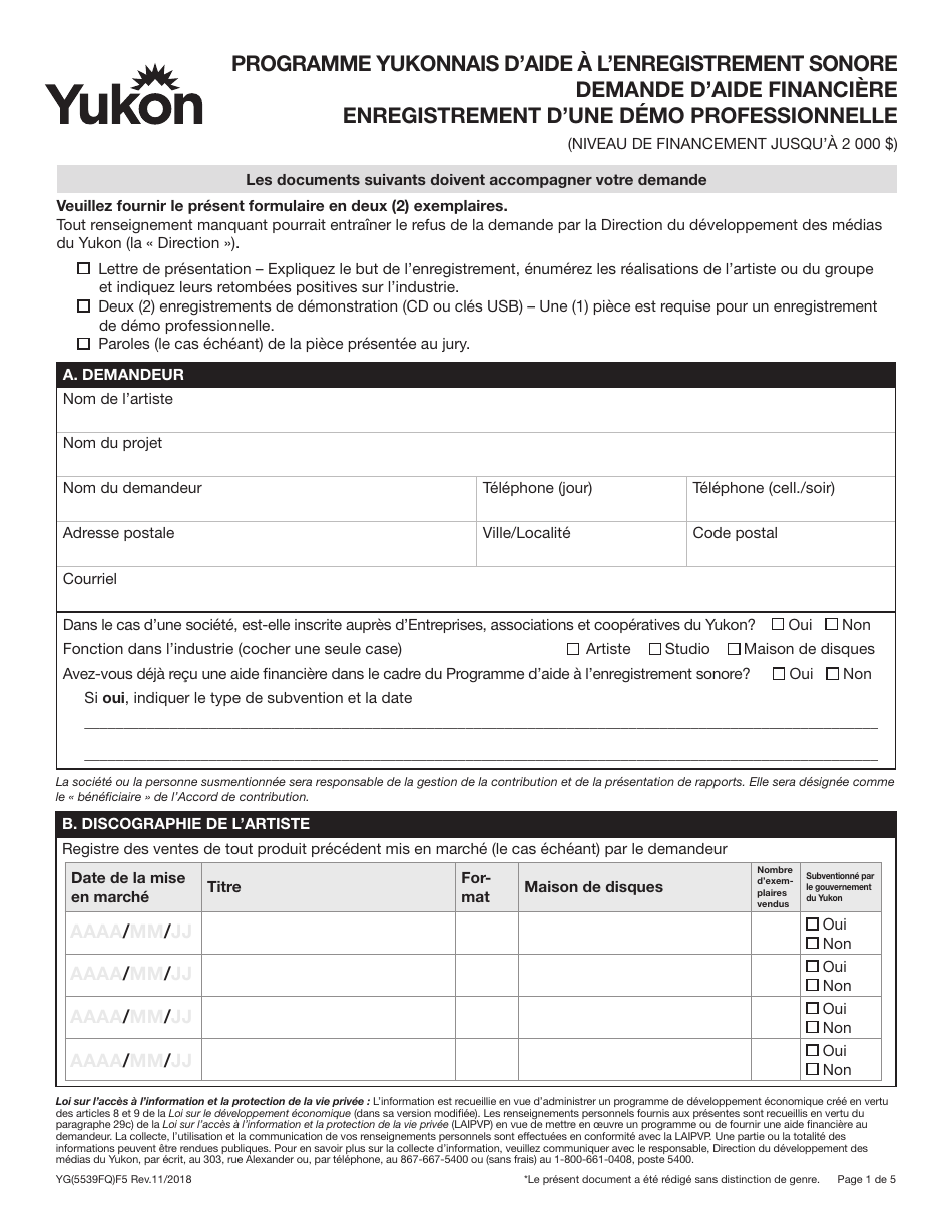 Forme YG5539 Programme Yukonnais Daide a Lenregistrement Sonore Demande Daide Financiere Enregistrement Dune Demo Professionnelle (Niveau De Financement Jusqua 2 000 $) - Yukon, Canada (French), Page 1