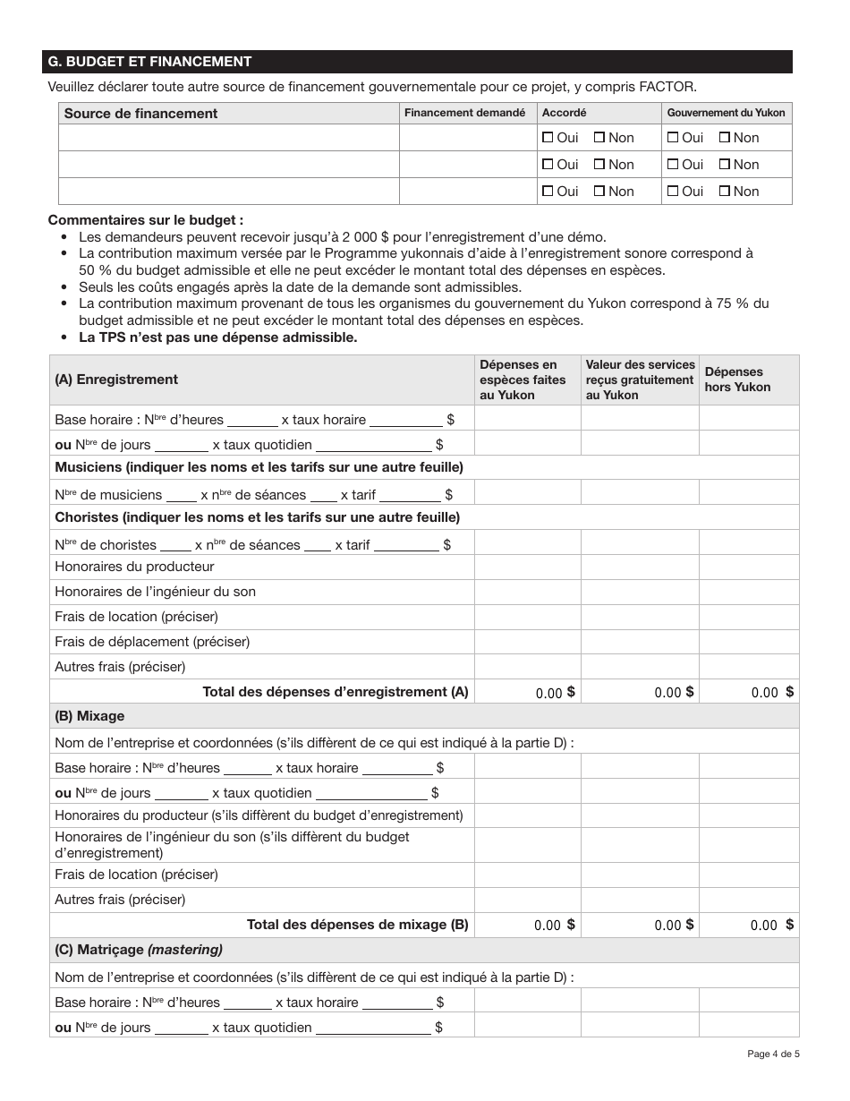 Forme YG5539 Programme Yukonnais Daide a Lenregistrement Sonore Demande Daide Financiere Enregistrement Dune Demo Professionnelle (Niveau De Financement Jusqua 2 000 $) - Yukon, Canada (French), Page 4