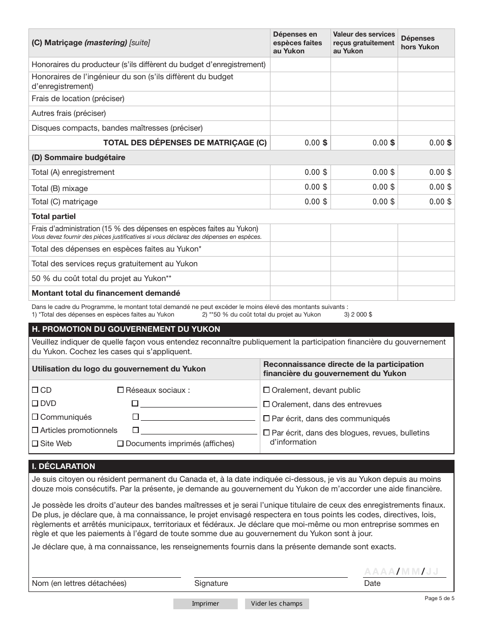 Forme YG5539 Programme Yukonnais Daide a Lenregistrement Sonore Demande Daide Financiere Enregistrement Dune Demo Professionnelle (Niveau De Financement Jusqua 2 000 $) - Yukon, Canada (French), Page 5