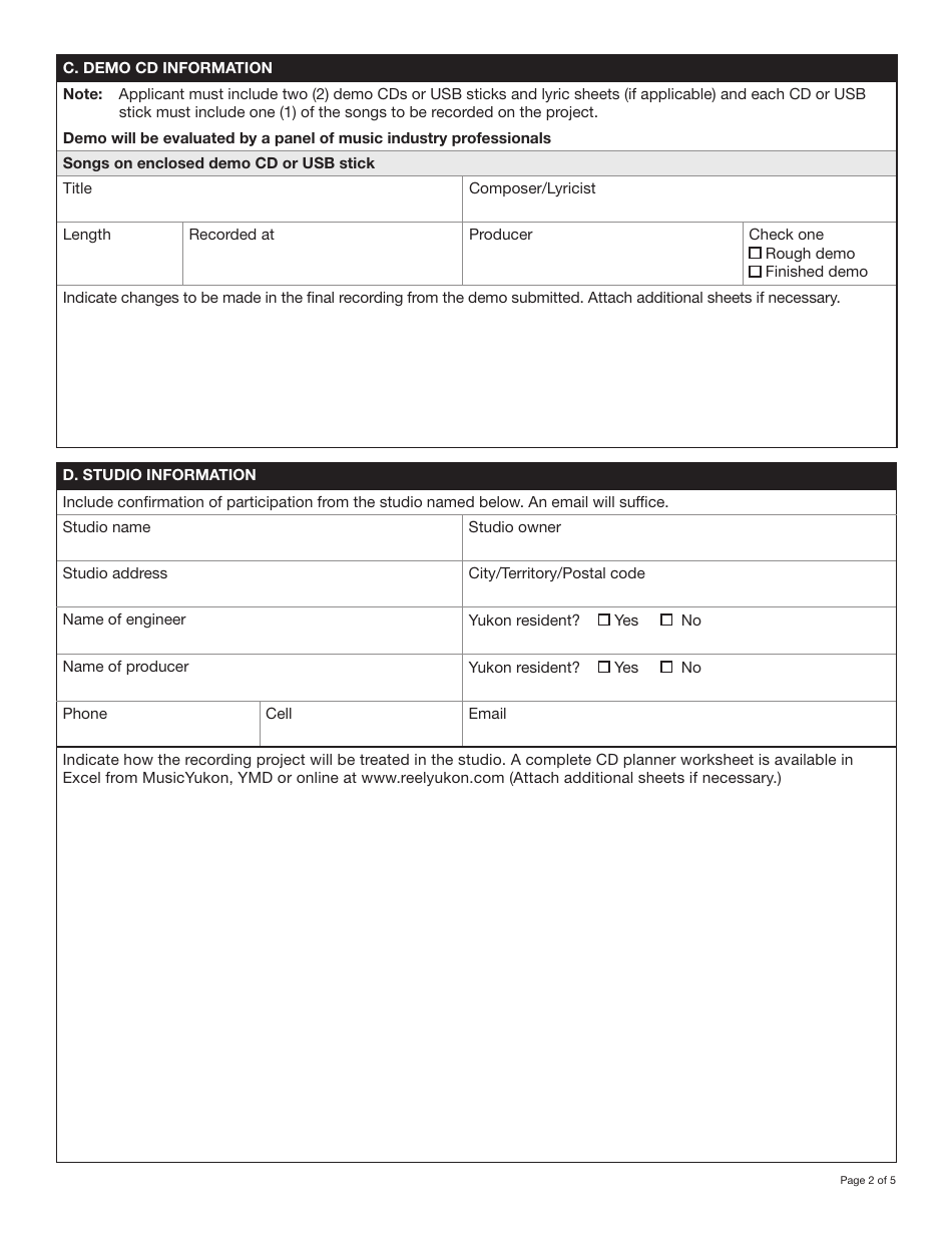 Form YG5539 Yukon Sound Recording Program Application - Professional Demo Recording $2,000.00 Funding Level - Yukon, Canada, Page 2