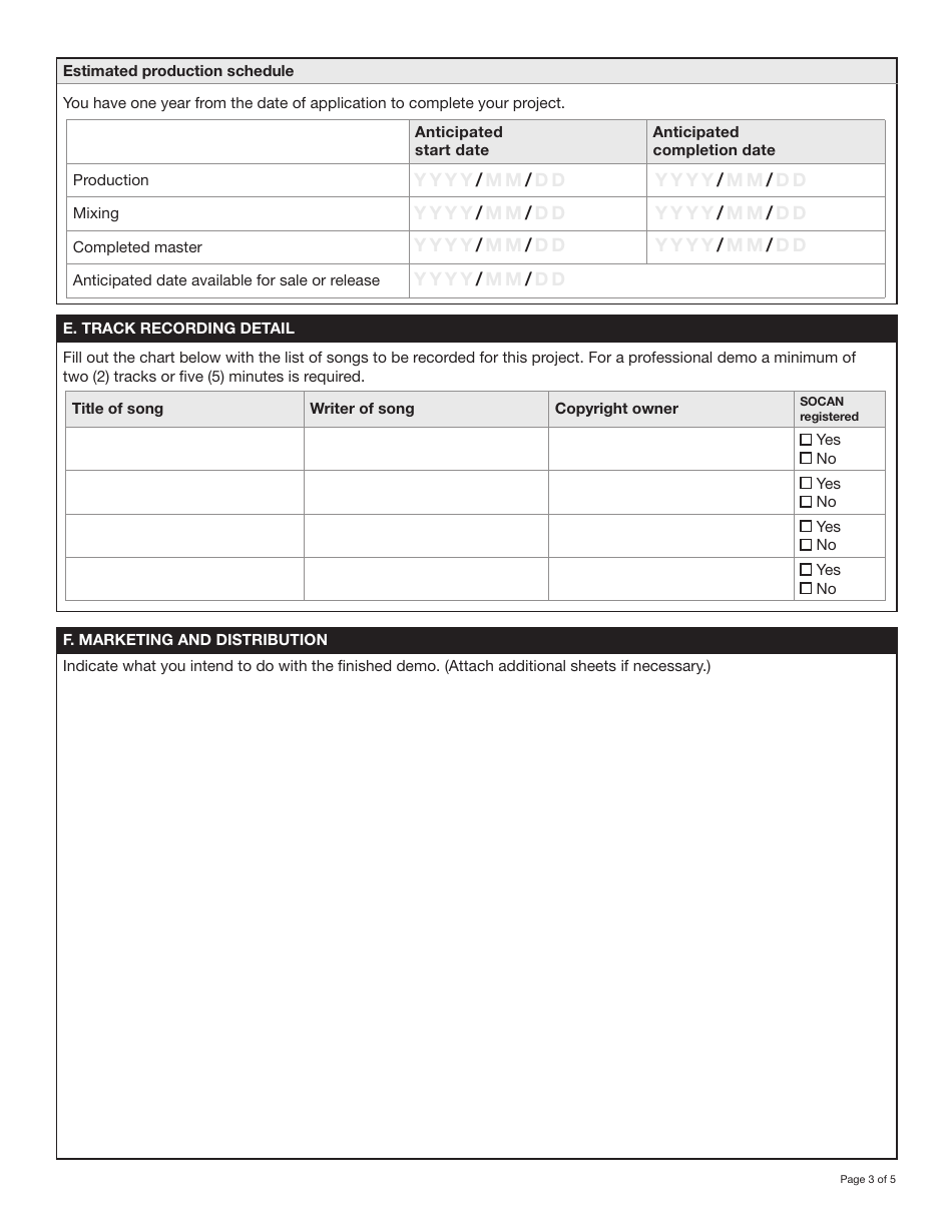 Form YG5539 Yukon Sound Recording Program Application - Professional Demo Recording $2,000.00 Funding Level - Yukon, Canada, Page 3