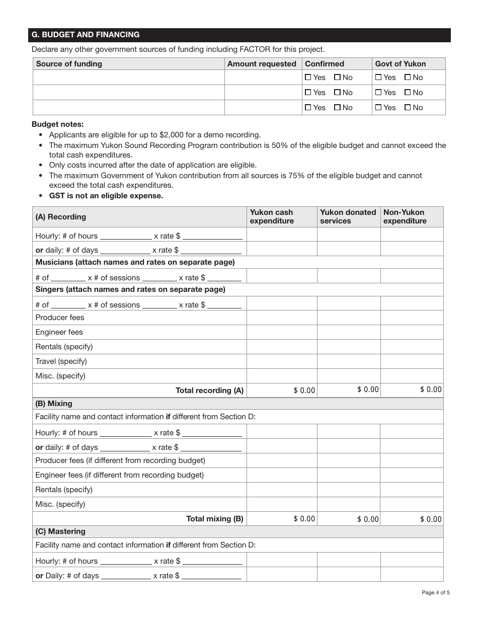 Form YG5539 Yukon Sound Recording Program Application - Professional Demo Recording $2,000.00 Funding Level - Yukon, Canada, Page 4