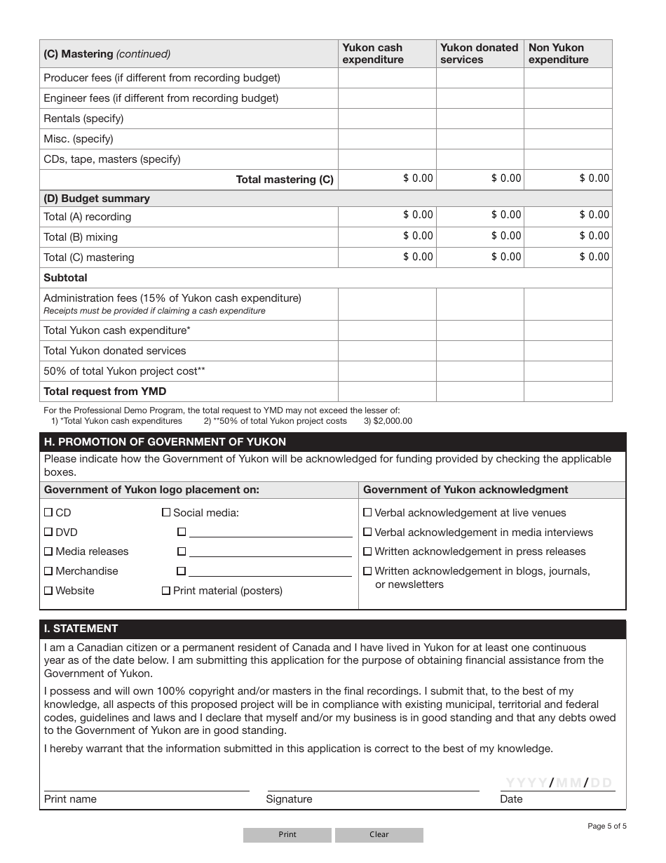 Form YG5539 Yukon Sound Recording Program Application - Professional Demo Recording $2,000.00 Funding Level - Yukon, Canada, Page 5