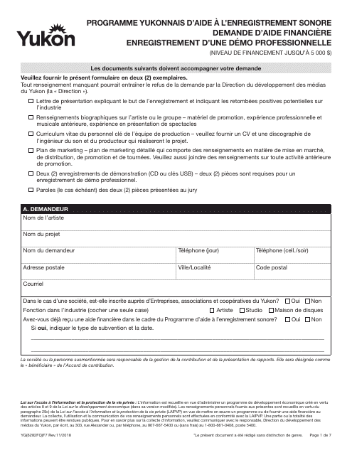 Forme YG6282 Programme Yukonnais D'aide a L'enregistrement Sonore Demande D'aide Financiere Enregistrement D'une Demo Professionnelle (Niveau De Financement Jusqu'a 5 000 $) - Yukon, Canada (French)
