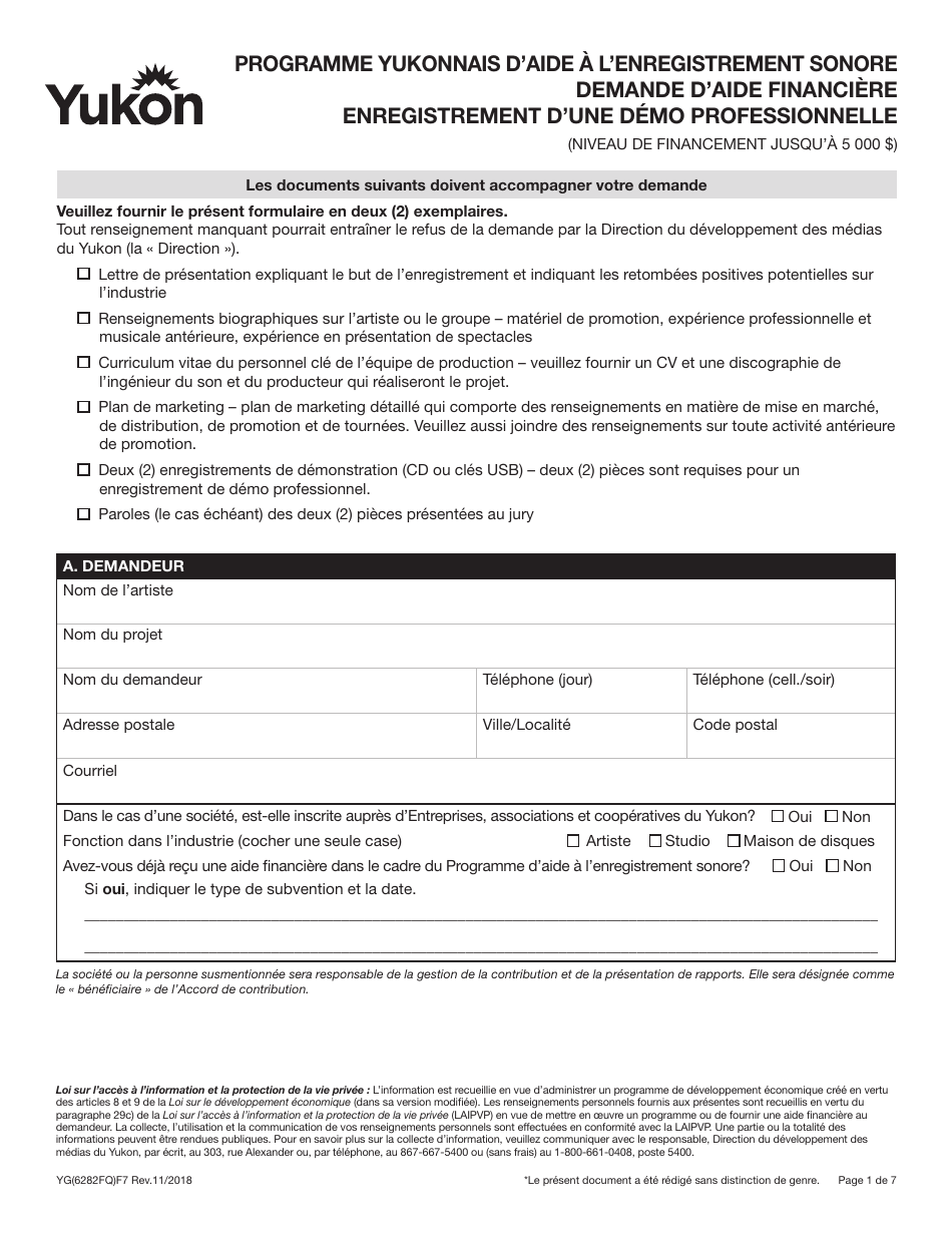 Forme YG6282 Programme Yukonnais Daide a Lenregistrement Sonore Demande Daide Financiere Enregistrement Dune Demo Professionnelle (Niveau De Financement Jusqua 5 000 $) - Yukon, Canada (French), Page 1