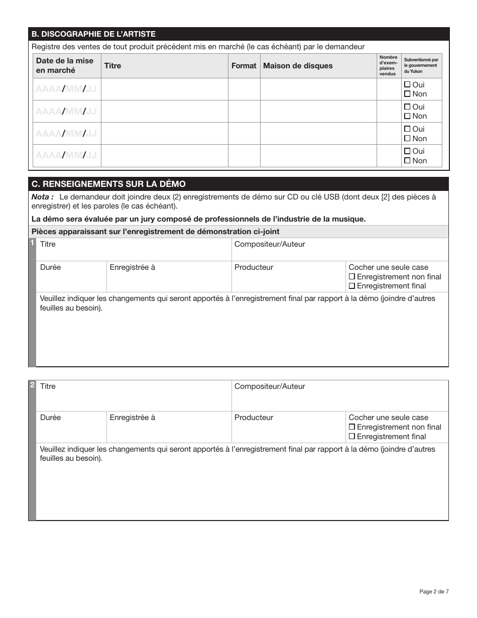 Forme YG6282 Programme Yukonnais Daide a Lenregistrement Sonore Demande Daide Financiere Enregistrement Dune Demo Professionnelle (Niveau De Financement Jusqua 5 000 $) - Yukon, Canada (French), Page 2