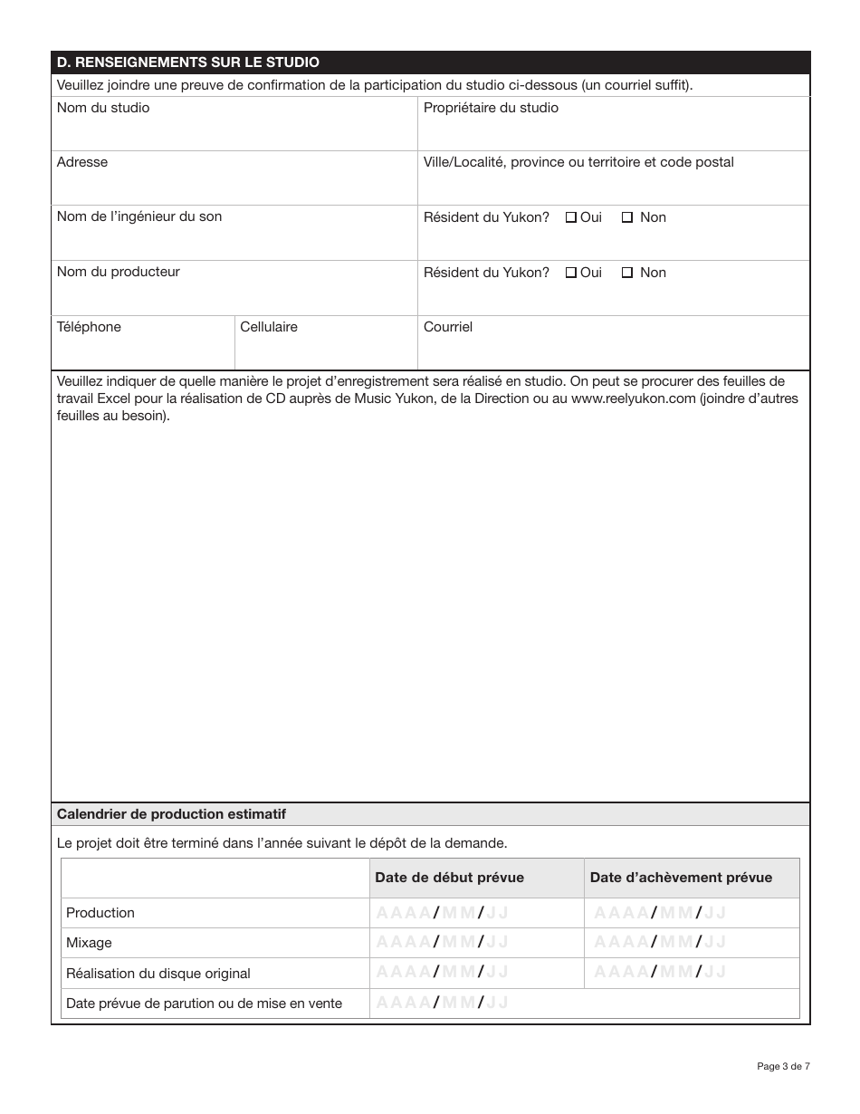 Forme YG6282 Programme Yukonnais Daide a Lenregistrement Sonore Demande Daide Financiere Enregistrement Dune Demo Professionnelle (Niveau De Financement Jusqua 5 000 $) - Yukon, Canada (French), Page 3