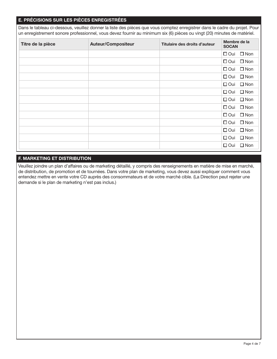 Forme YG6282 Programme Yukonnais Daide a Lenregistrement Sonore Demande Daide Financiere Enregistrement Dune Demo Professionnelle (Niveau De Financement Jusqua 5 000 $) - Yukon, Canada (French), Page 4