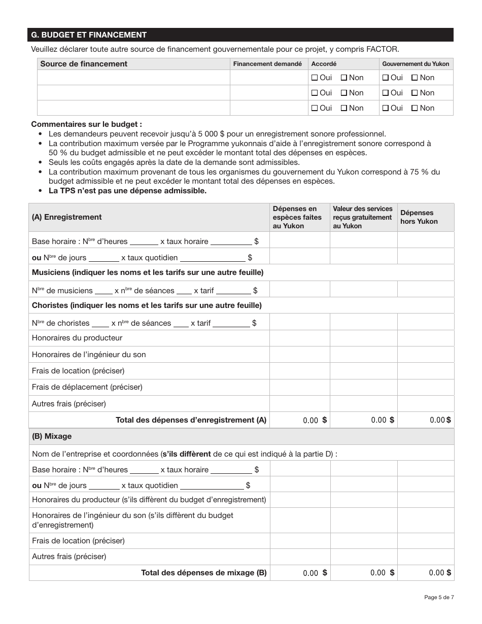 Forme YG6282 Programme Yukonnais Daide a Lenregistrement Sonore Demande Daide Financiere Enregistrement Dune Demo Professionnelle (Niveau De Financement Jusqua 5 000 $) - Yukon, Canada (French), Page 5