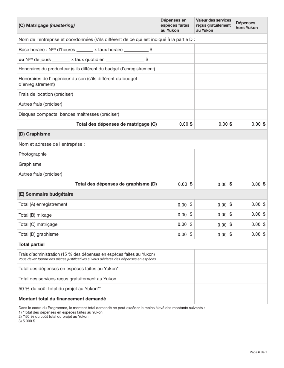 Forme YG6282 Programme Yukonnais Daide a Lenregistrement Sonore Demande Daide Financiere Enregistrement Dune Demo Professionnelle (Niveau De Financement Jusqua 5 000 $) - Yukon, Canada (French), Page 6