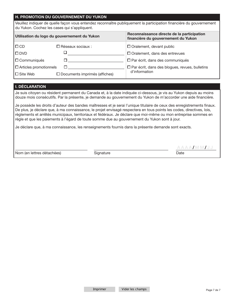 Forme YG6282 Programme Yukonnais Daide a Lenregistrement Sonore Demande Daide Financiere Enregistrement Dune Demo Professionnelle (Niveau De Financement Jusqua 5 000 $) - Yukon, Canada (French), Page 7