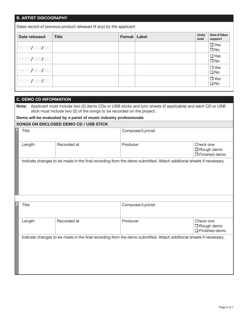 Form YG6282 Yukon Sound Recording Program Application - Professional Sound Recording $5,000.00 Funding Level - Yukon, Canada, Page 2