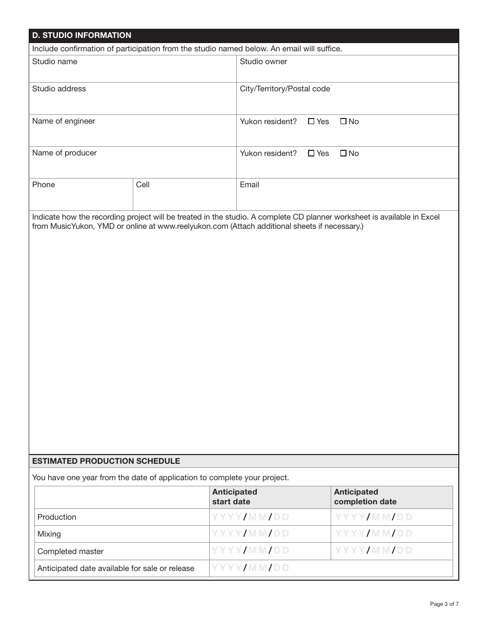 Form YG6282 Yukon Sound Recording Program Application - Professional Sound Recording $5,000.00 Funding Level - Yukon, Canada, Page 3