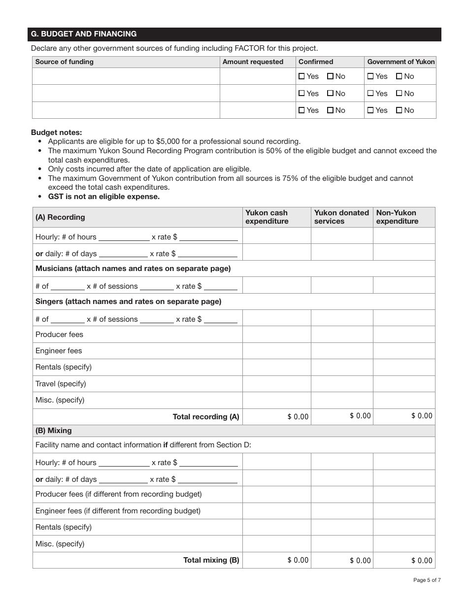Form YG6282 Yukon Sound Recording Program Application - Professional Sound Recording $5,000.00 Funding Level - Yukon, Canada, Page 5