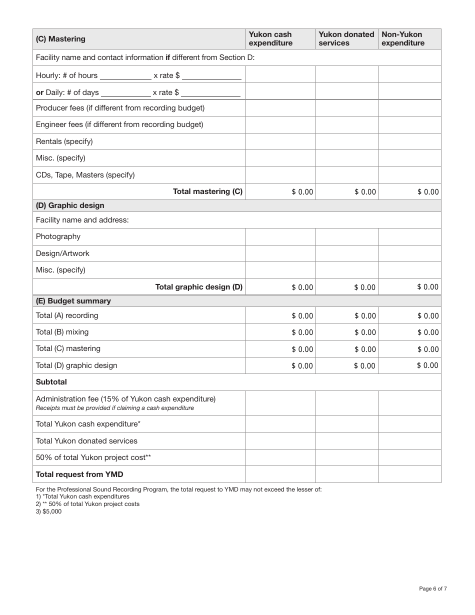 Form YG6282 Yukon Sound Recording Program Application - Professional Sound Recording $5,000.00 Funding Level - Yukon, Canada, Page 6
