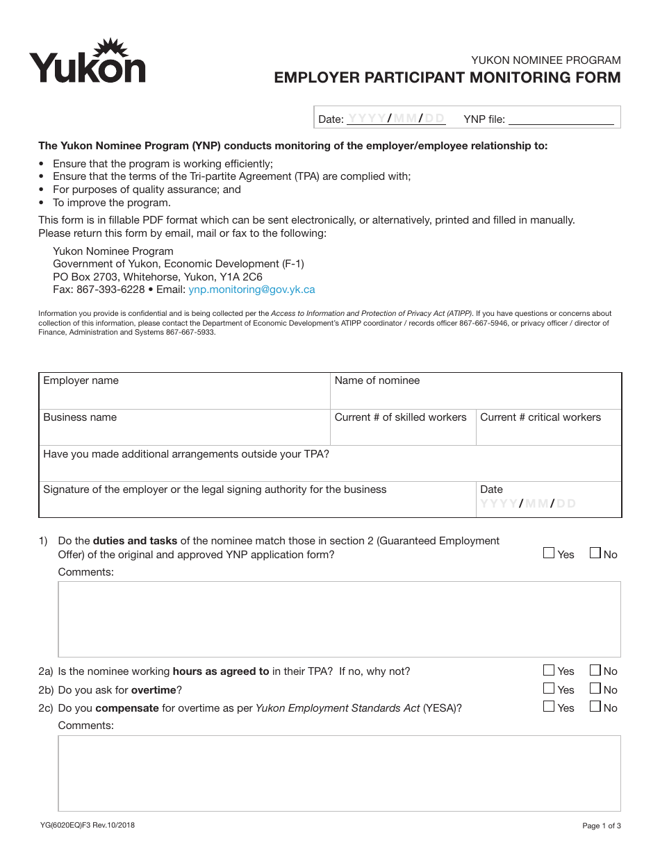 Form YG6020 Employer Participant Monitoring Form - Yukon, Canada, Page 1
