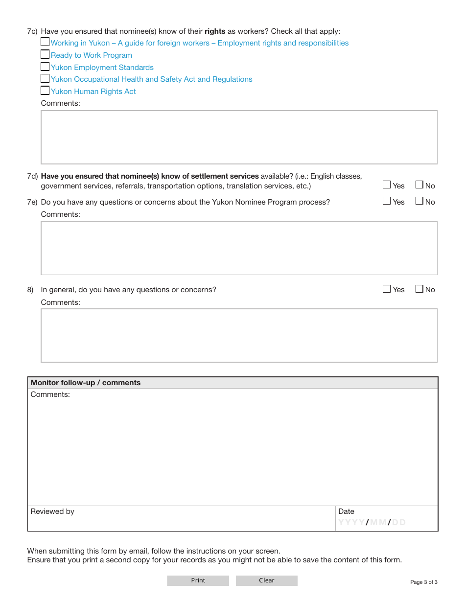 Form YG6020 Employer Participant Monitoring Form - Yukon, Canada, Page 3