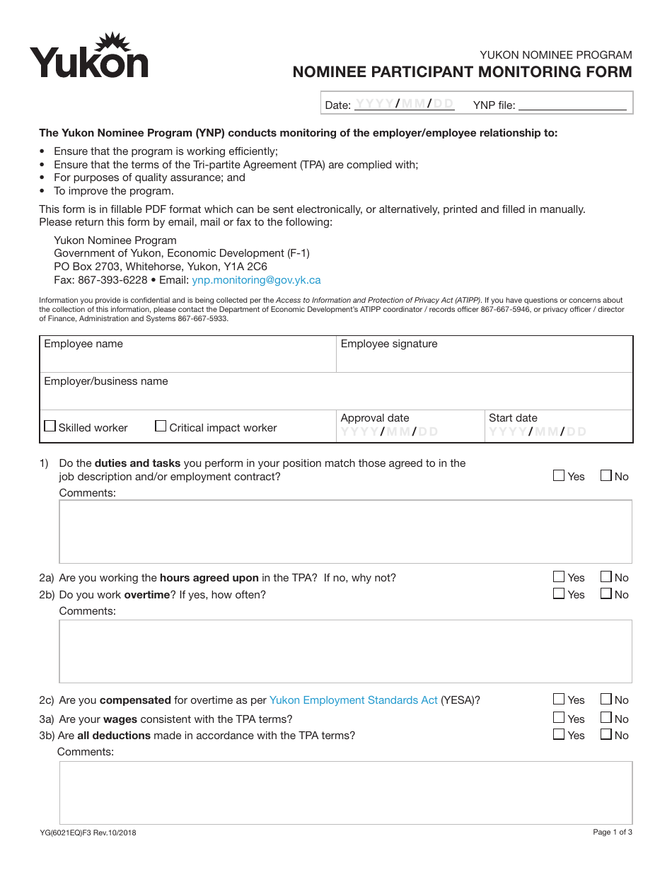 Form YG6021 Nominee Participant Monitoring Form - Yukon, Canada, Page 1