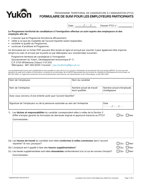 Forme YG6020 Employer Participant Monitoring Form - Yukon, Canada (French)