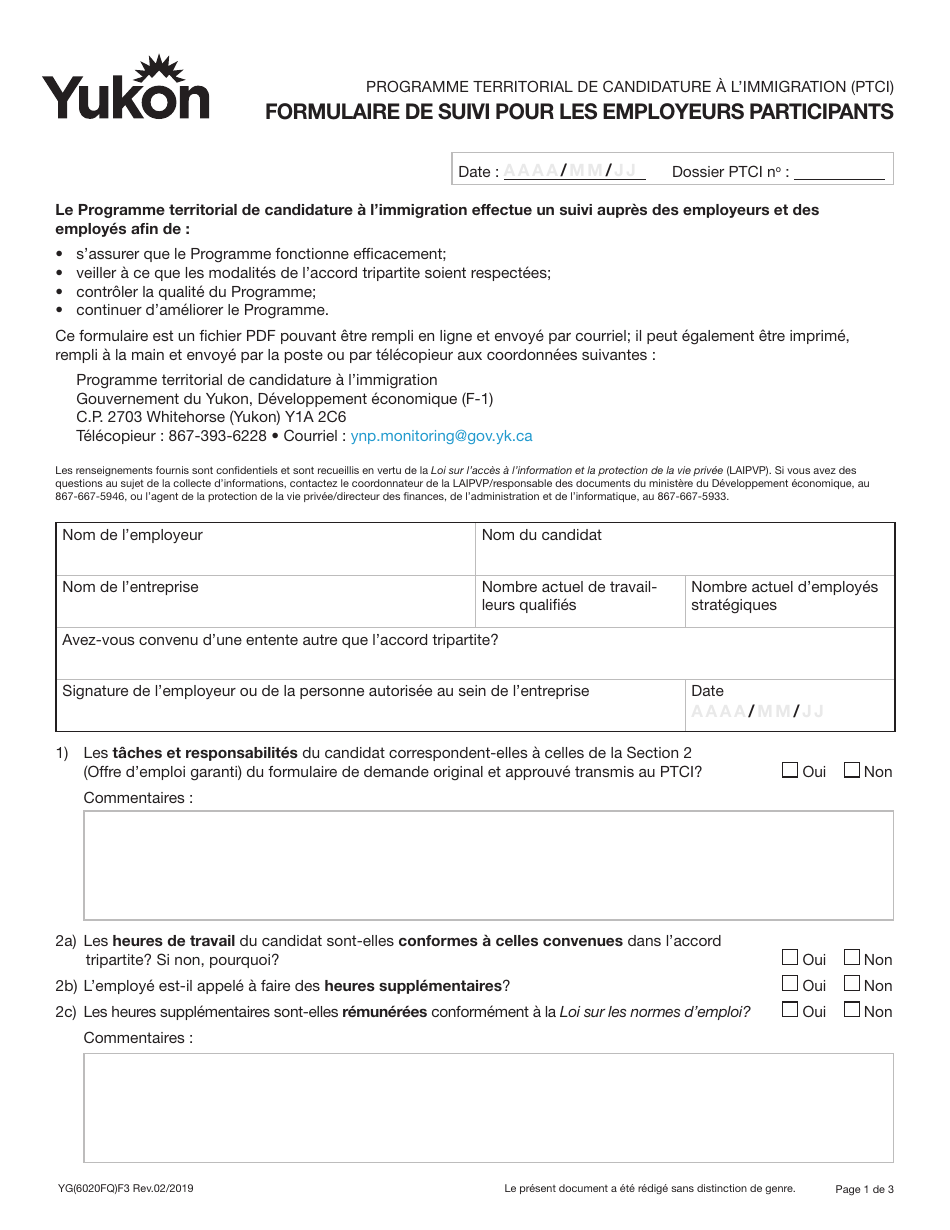 Forme YG6020 Employer Participant Monitoring Form - Yukon, Canada (French), Page 1
