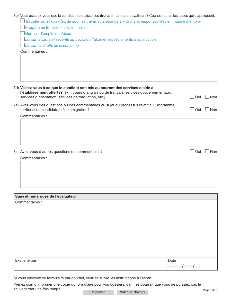 Forme YG6020 Employer Participant Monitoring Form - Yukon, Canada (French), Page 3