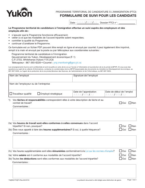 Forme YG6021 Nominee Participant Monitoring Form - Yukon, Canada (French)
