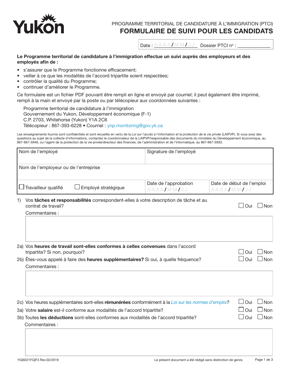 Forme YG6021 Nominee Participant Monitoring Form - Yukon, Canada (French), Page 1