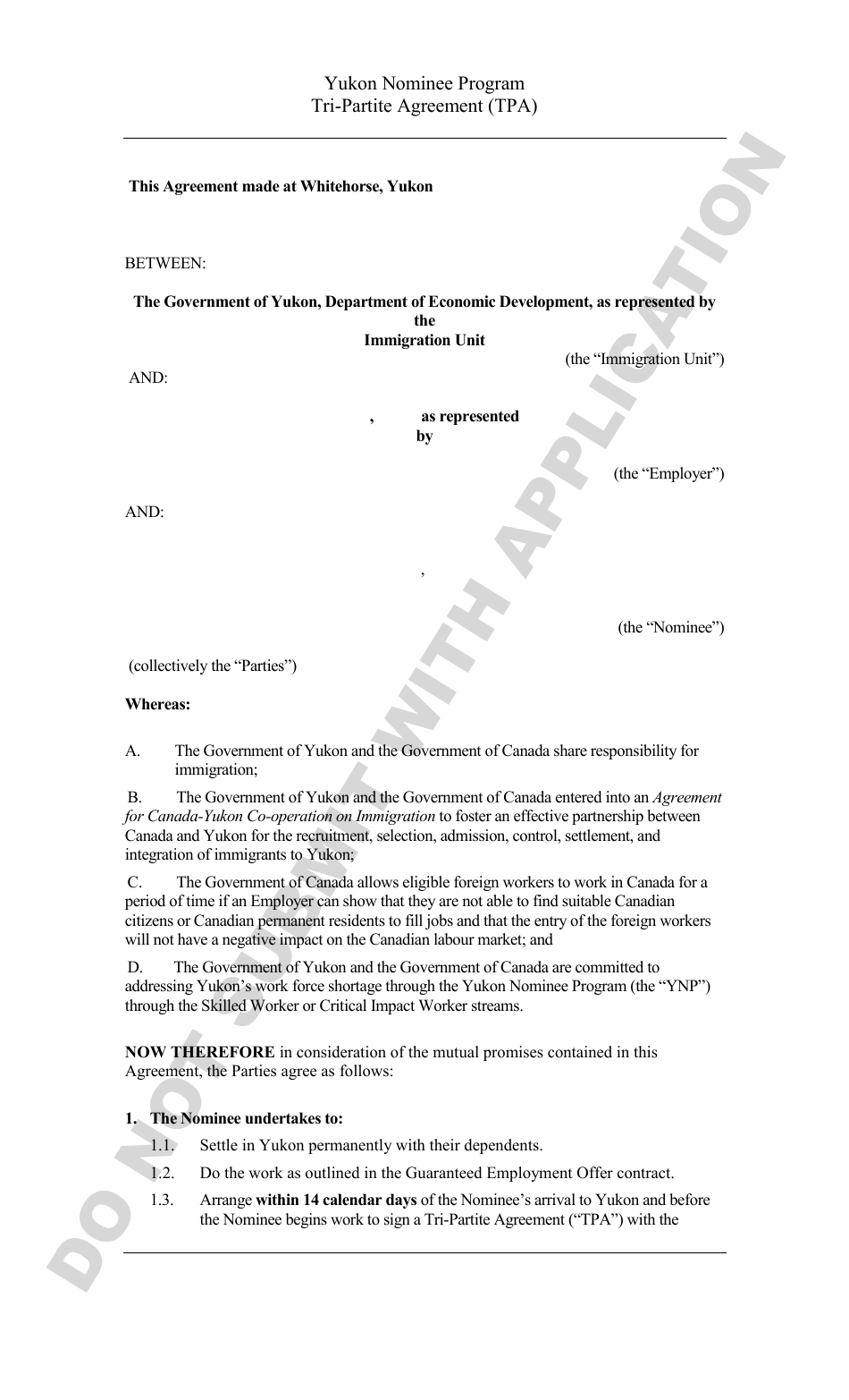 Yukon Nominee Program Tri-Partite Agreement (Tpa) - Yukon, Canada, Page 1