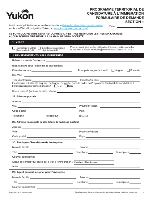 Forme YG6019 Programme Territorial De Candidature a L'immigration Formulaire De Demande - Yukon, Canada (French)