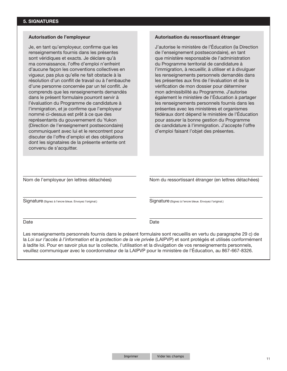 Forme YG6019 Programme Territorial De Candidature a Limmigration Formulaire De Demande - Yukon, Canada (French), Page 11