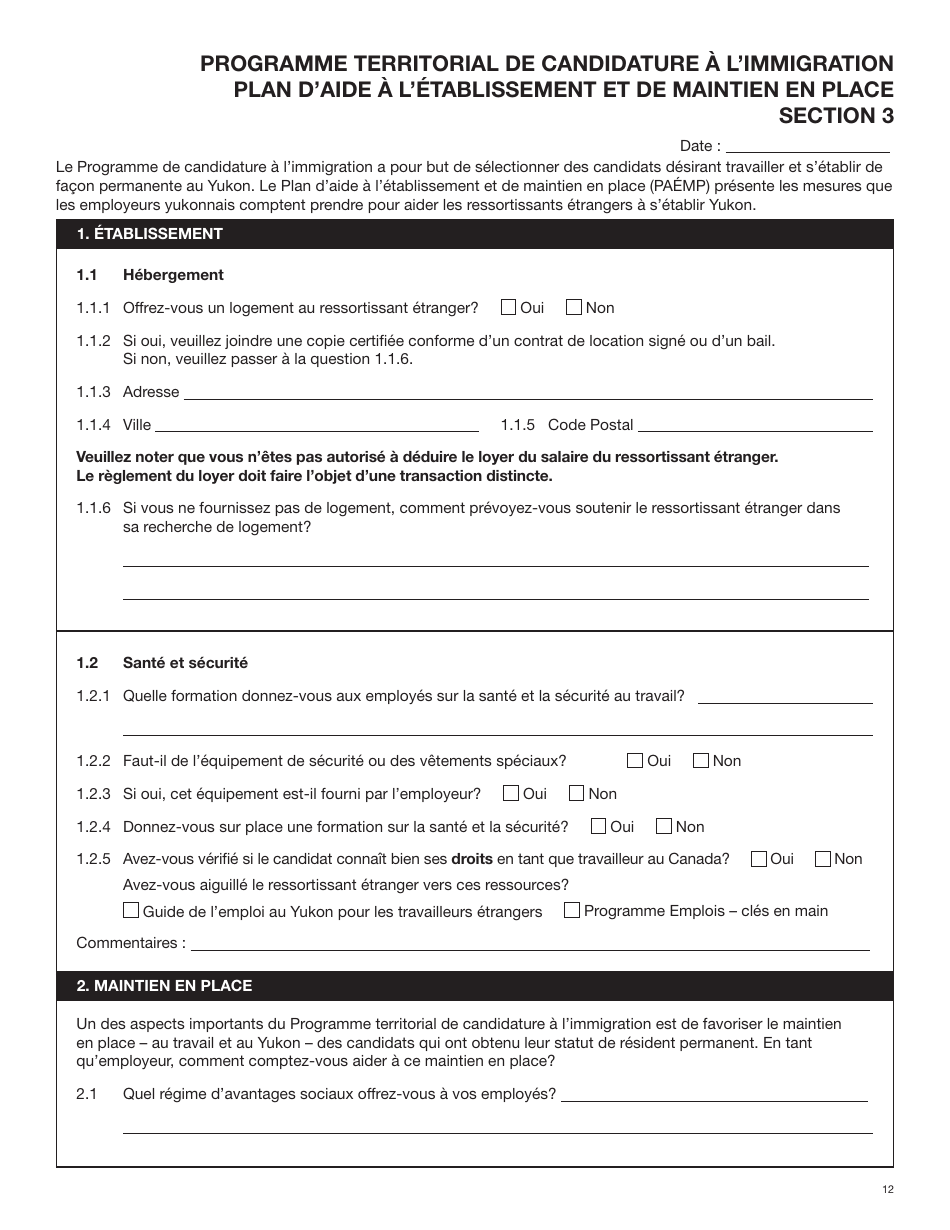 Forme YG6019 Programme Territorial De Candidature a Limmigration Formulaire De Demande - Yukon, Canada (French), Page 12