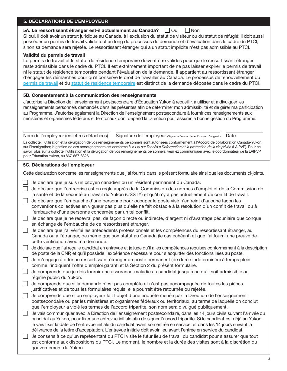 Forme YG6019 Programme Territorial De Candidature a Limmigration Formulaire De Demande - Yukon, Canada (French), Page 3