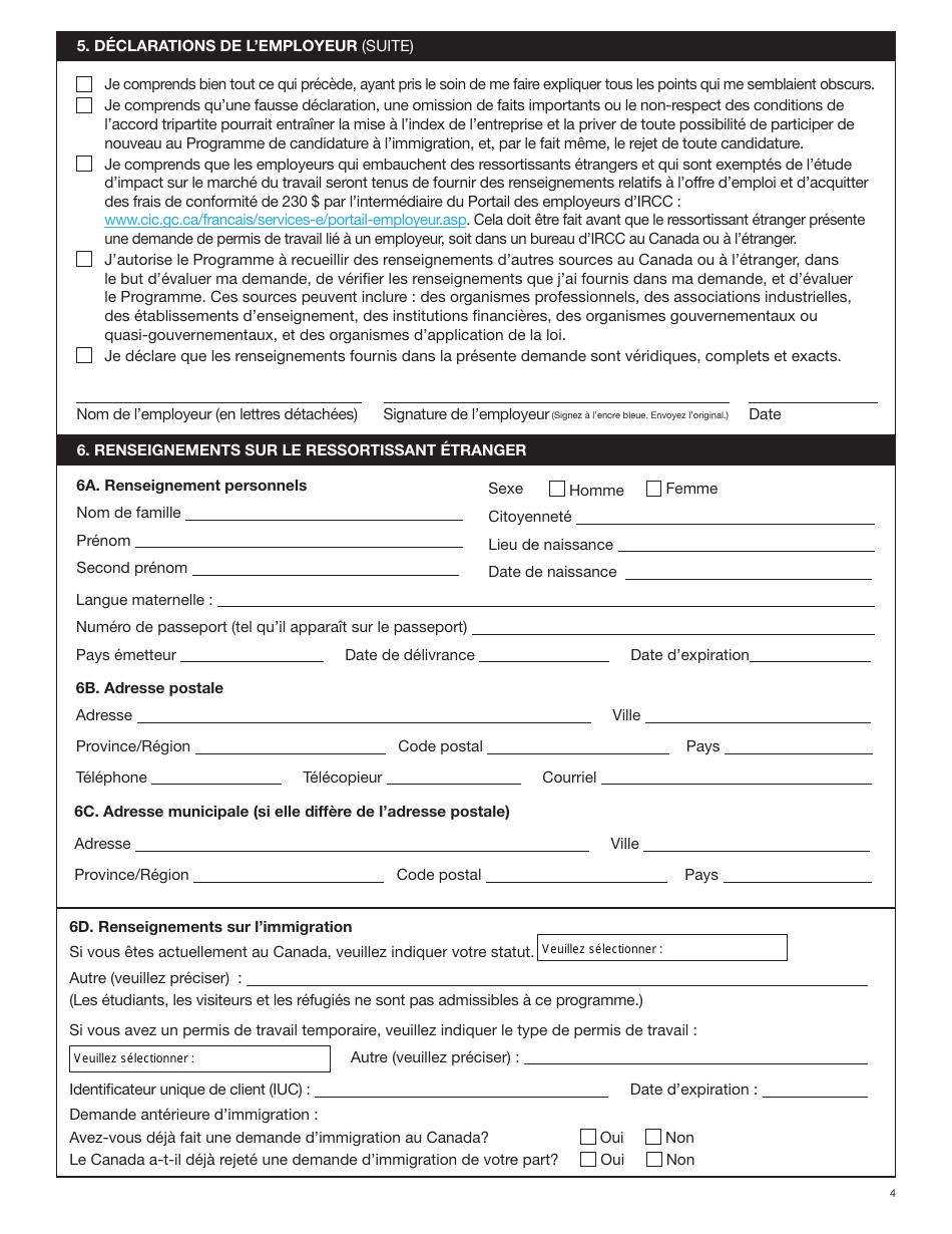 Forme YG6019 Programme Territorial De Candidature a Limmigration Formulaire De Demande - Yukon, Canada (French), Page 4