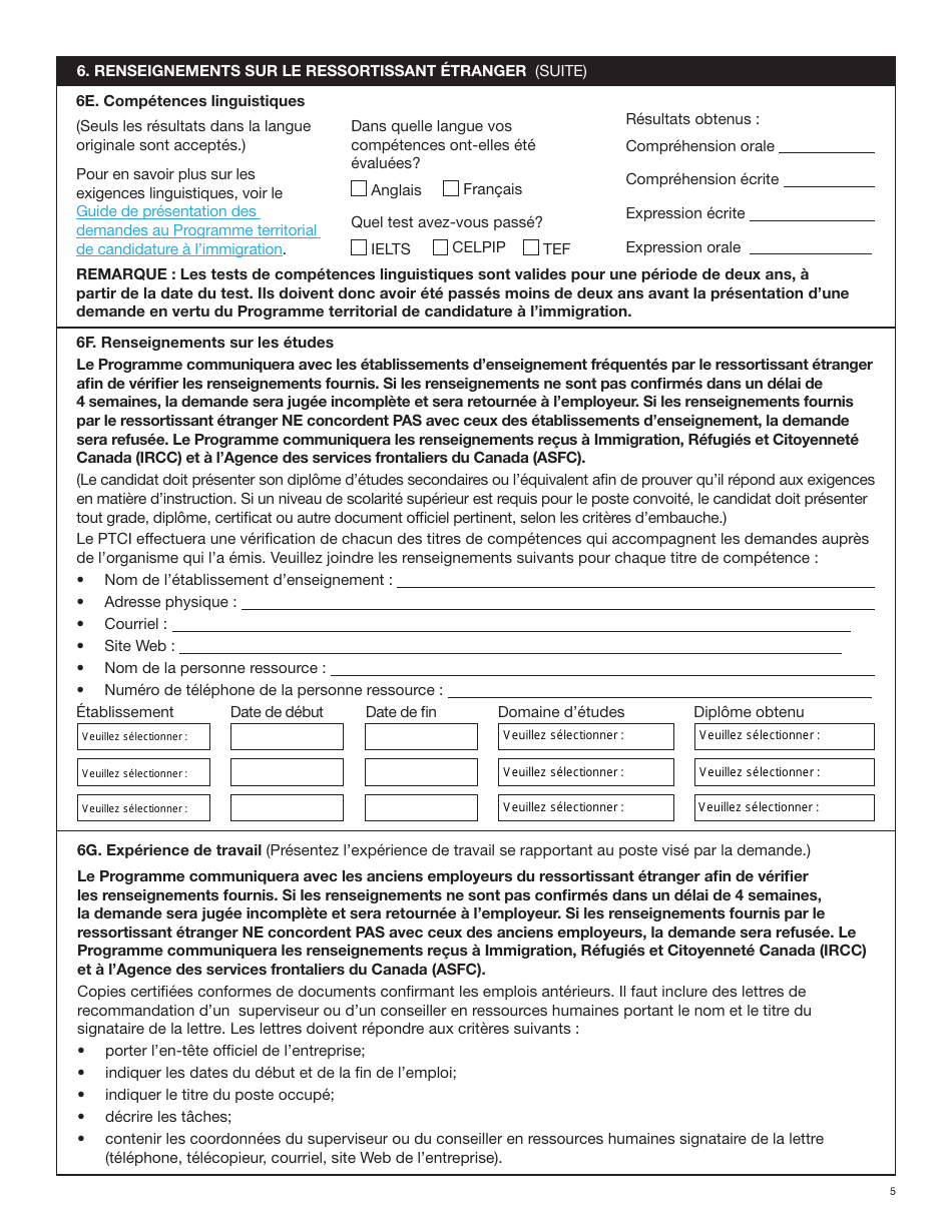Forme YG6019 Programme Territorial De Candidature a Limmigration Formulaire De Demande - Yukon, Canada (French), Page 5