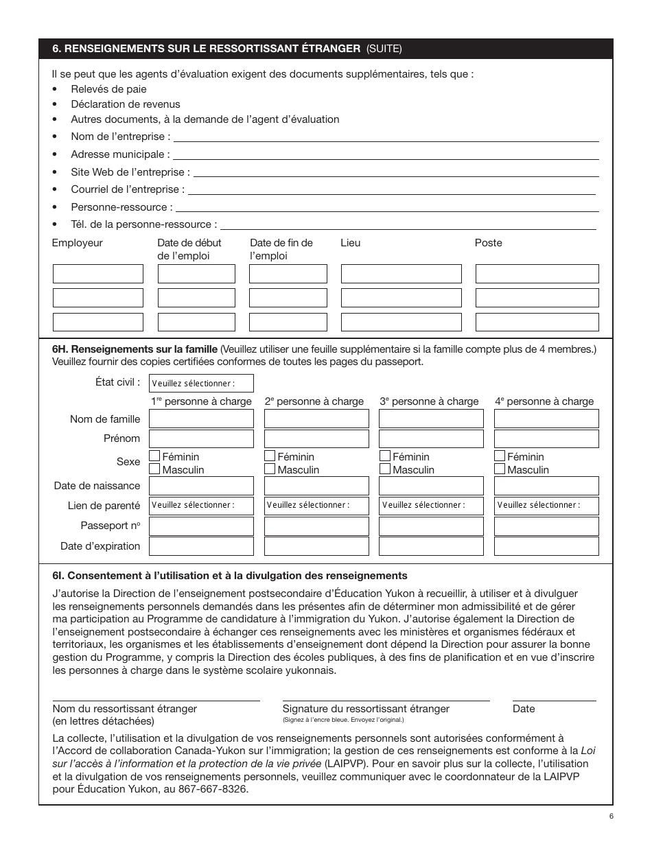 Forme YG6019 Programme Territorial De Candidature a Limmigration Formulaire De Demande - Yukon, Canada (French), Page 6