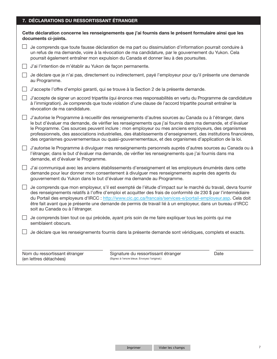 Forme YG6019 Programme Territorial De Candidature a Limmigration Formulaire De Demande - Yukon, Canada (French), Page 7