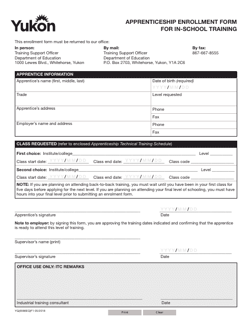 Form YG6586 Apprenticeship Enrollment Form for in-School Training - Yukon, Canada