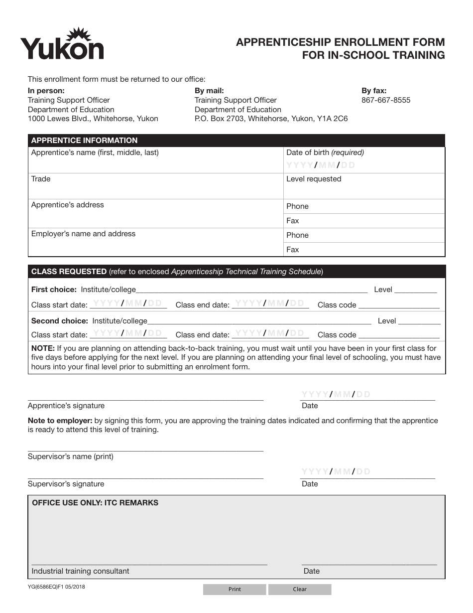 Form YG6586 Apprenticeship Enrollment Form for in-School Training - Yukon, Canada, Page 1