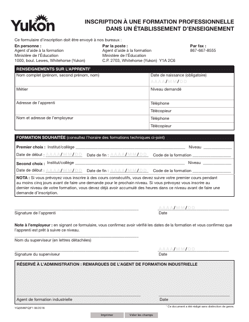 Forme YG6586 Apprenticeship Enrollment Form for in-School Training - Yukon, Canada (French)