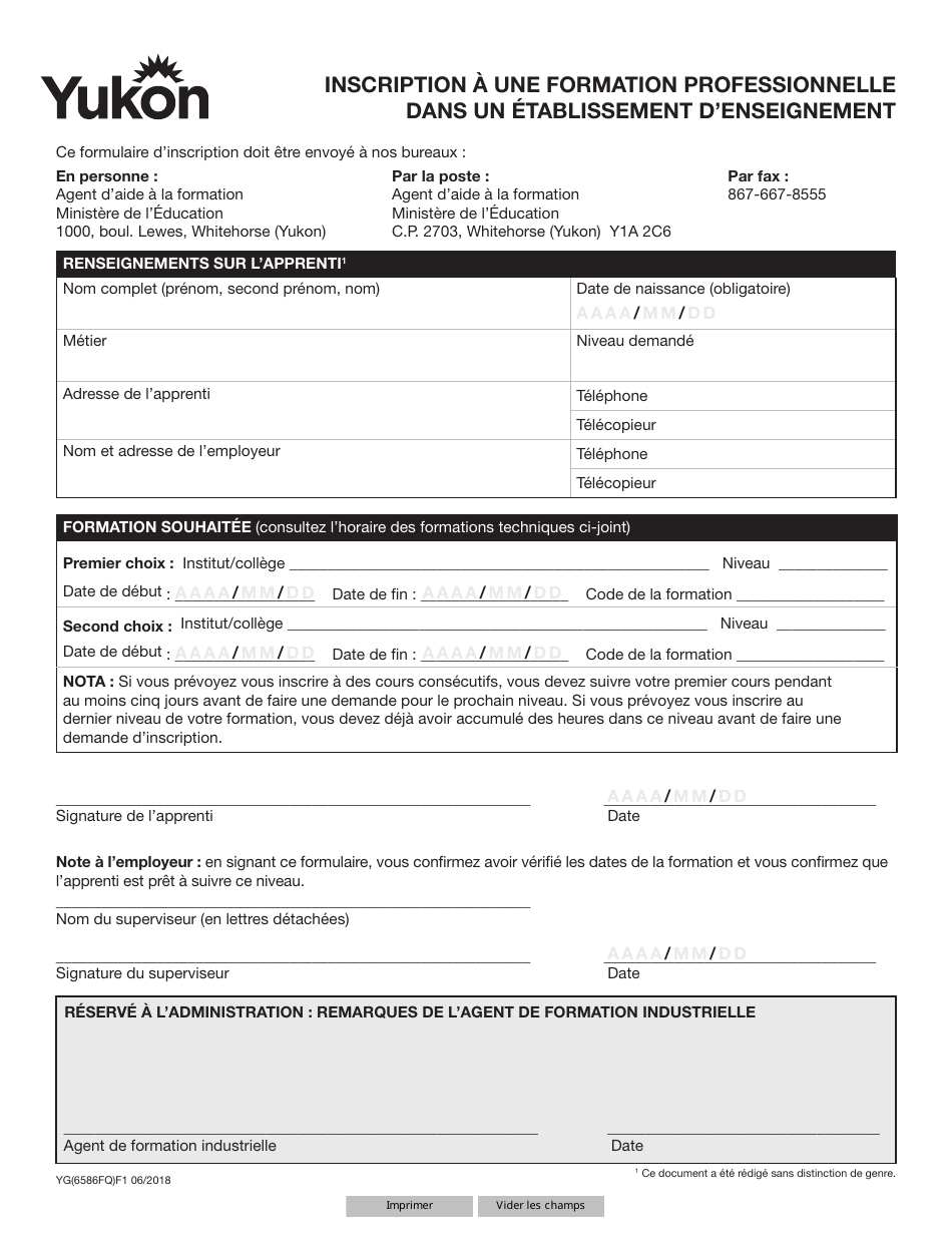 Forme YG6586 Apprenticeship Enrollment Form for in-School Training - Yukon, Canada (French), Page 1
