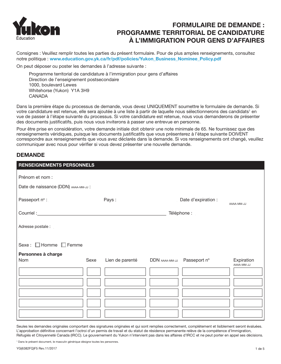 Forme YG6382 Application Form: Yukon Business Nominee Program (Ybnp) - Yukon, Canada (French), Page 1