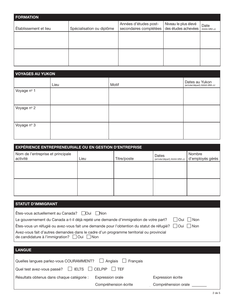 Forme YG6382 Application Form: Yukon Business Nominee Program (Ybnp) - Yukon, Canada (French), Page 2