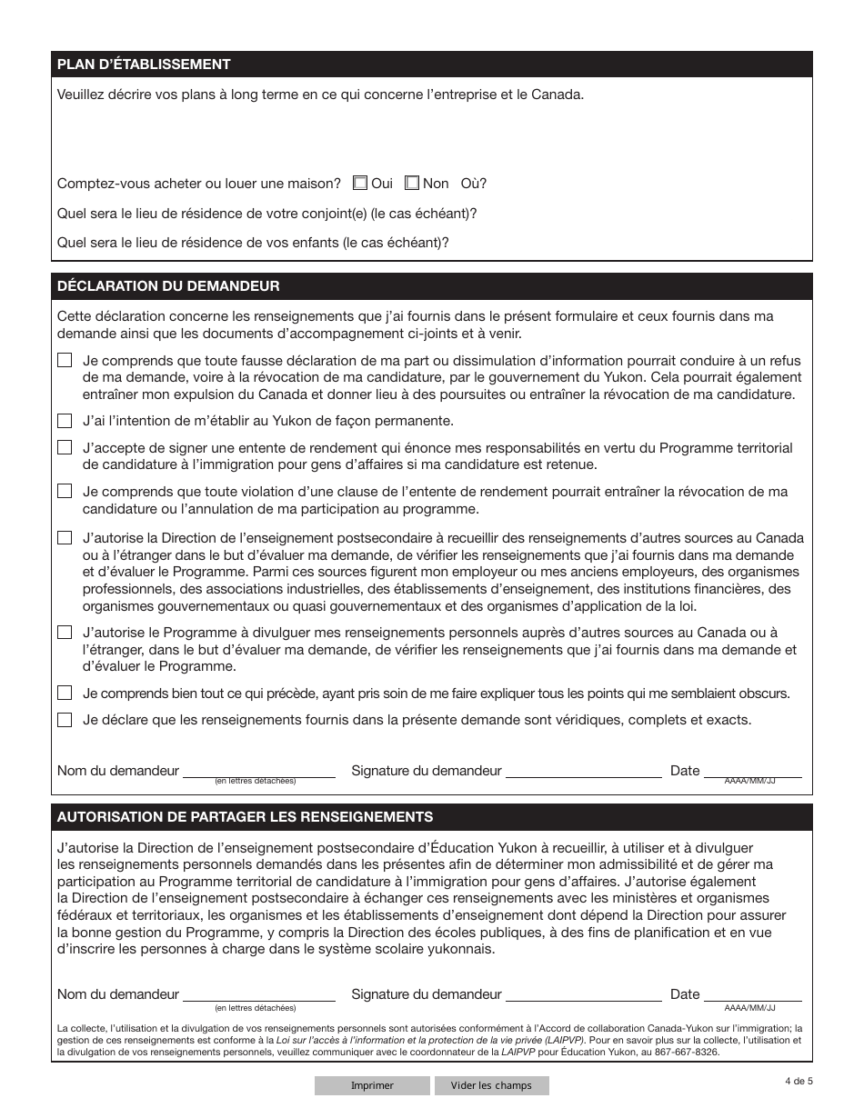Forme YG6382 Application Form: Yukon Business Nominee Program (Ybnp) - Yukon, Canada (French), Page 4
