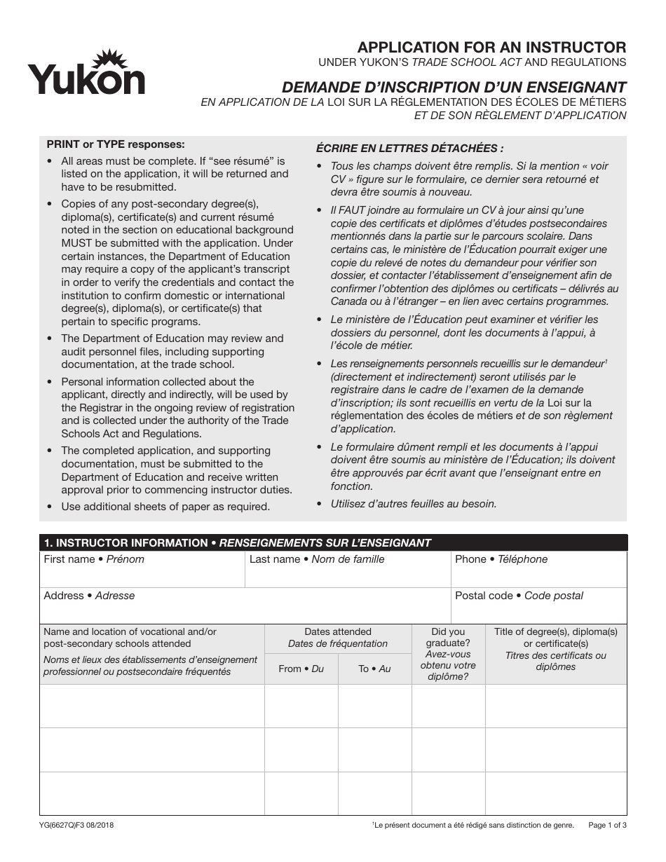 Form YG6627 Application for an Instructor - Yukon, Canada (English / French), Page 1