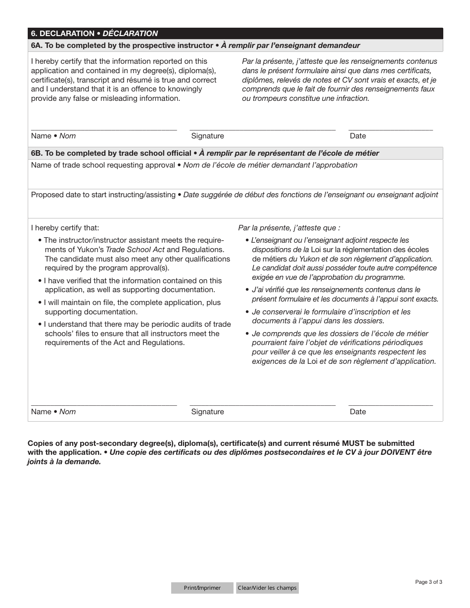 Form YG6627 Application for an Instructor - Yukon, Canada (English / French), Page 3