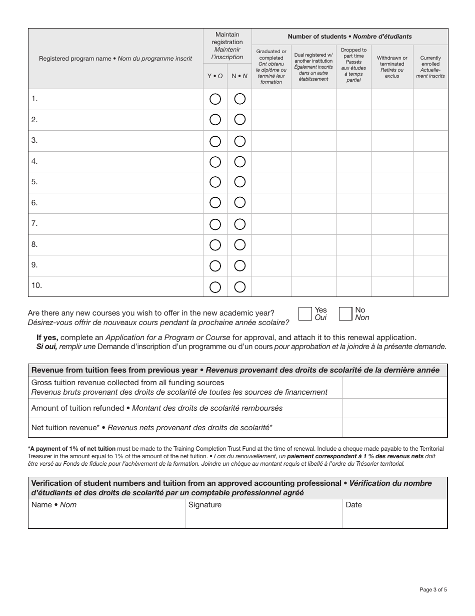 Form YG6625 Application for Renewal of Trade School Registration - Yukon, Canada (English / French), Page 3